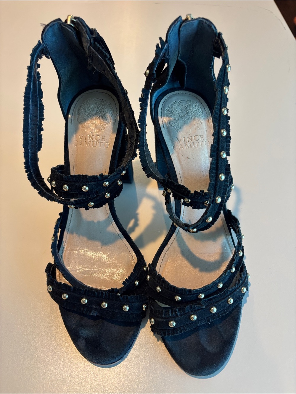 Vince Camuto Black Studded Fringed Ankle-Strap Heels